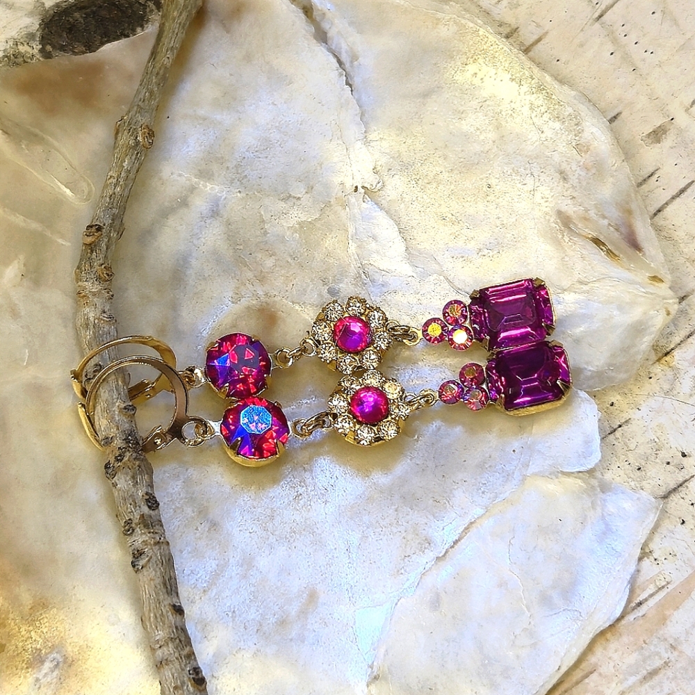 Victorian Fuchsia & Pink AB Swarovski & Flower Crystals In Long Ornate Earrings - Picture 3 of 8